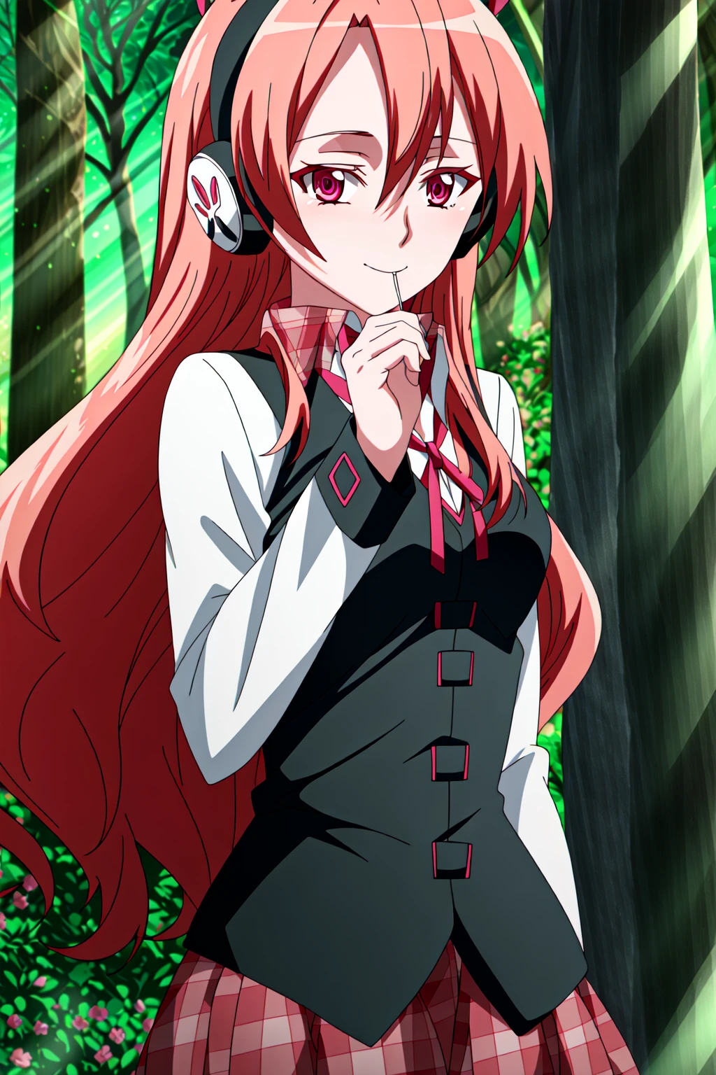 (extremely detailed CG unity 4k wallpaper),(masterpiece),(best quality),(ultra-detailed),(best illustration),(best shadow),(absurdres),(detailed background) <lora:OGT_Chelsea-v1:1> Chelsea, 1girl, solo, long hair, headphones, red hair, plaid, smile, red eyes, vest, lollipop, plaid skirt, looking at viewer, tree, long sleeves, candy, pink eyes