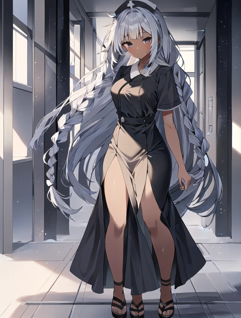 ((masterpiece, best quality, high quality)),1girl, (lower body, hospital) <lora:Long nurse unifirm T1:0.8> ((longnurset1, nurse cap, stethoscope, nurse,long dress)), <lora:Fumiko Kubo:0.6> (1girl, 3dcg 04, bangs, blunt bangs, dark skin, dark-skinned female, fumiko kubo, grey eyes, grey hair, medium breasts, side braids, sidelocks, solo, twin braids, very long hair),