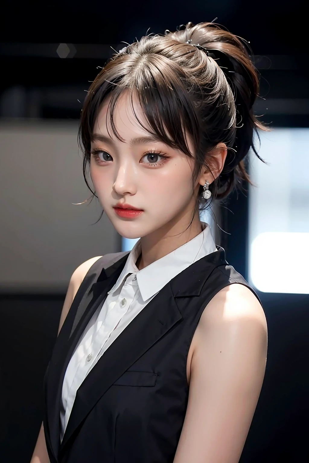 1girl, black  random formal attire, white background, <lora:ppunnch_4EVE-02:1>