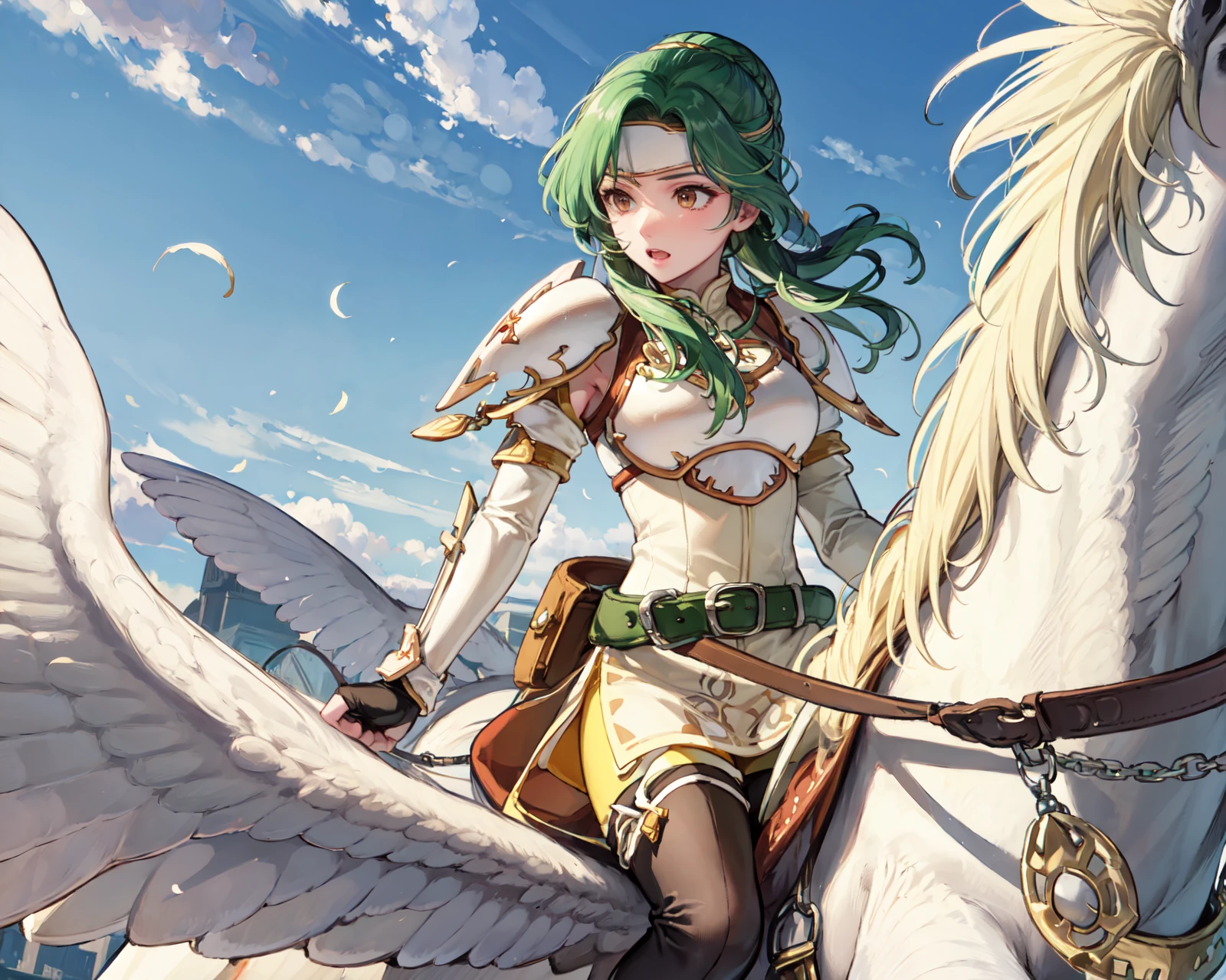 from below,<lora:riding_pegasus:1>,riding_pegasus,<lora:elinciaV2:0.9>,def_elincia,headband,flying,sky,yellow long sleeves, yellow pantyhose,shoulder armor, armor, belt,white thigh boots, breastplate, fingerless elbow gloves, short dress, cape, jewelry, gold trim, shoulder pads, pauldrons, pelvic curtain, arm guards, sleeveless, turtleneck, zettai ryouiki,outdoors,(masterpiece, best quality, ultra-detailed, best shadow)