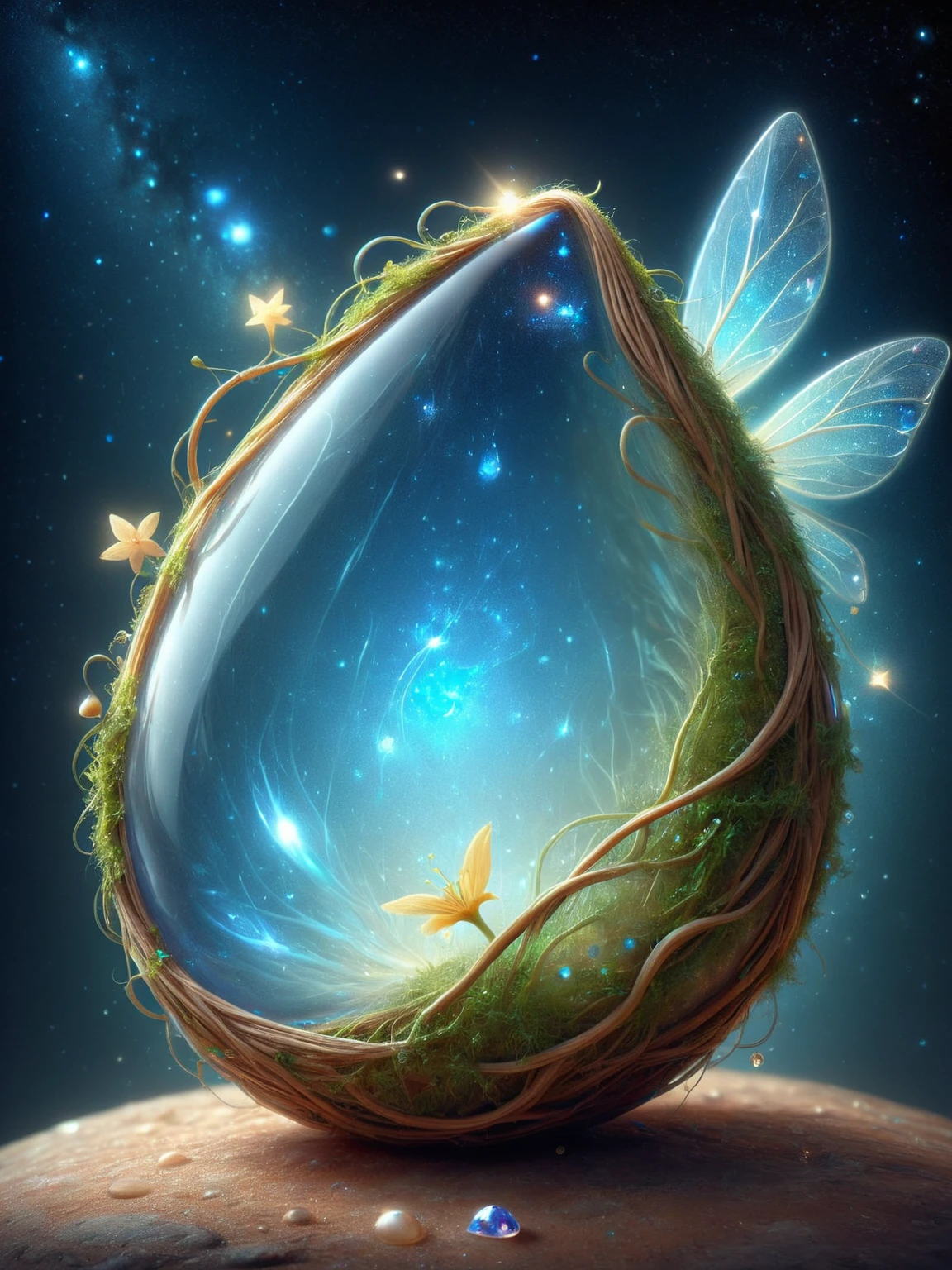 <lora:Fairy_Style_SDXL:1> A solitary ais-fairy teardrop, fallen from the cheek of a star, containing a universe of longing and lost dreams.