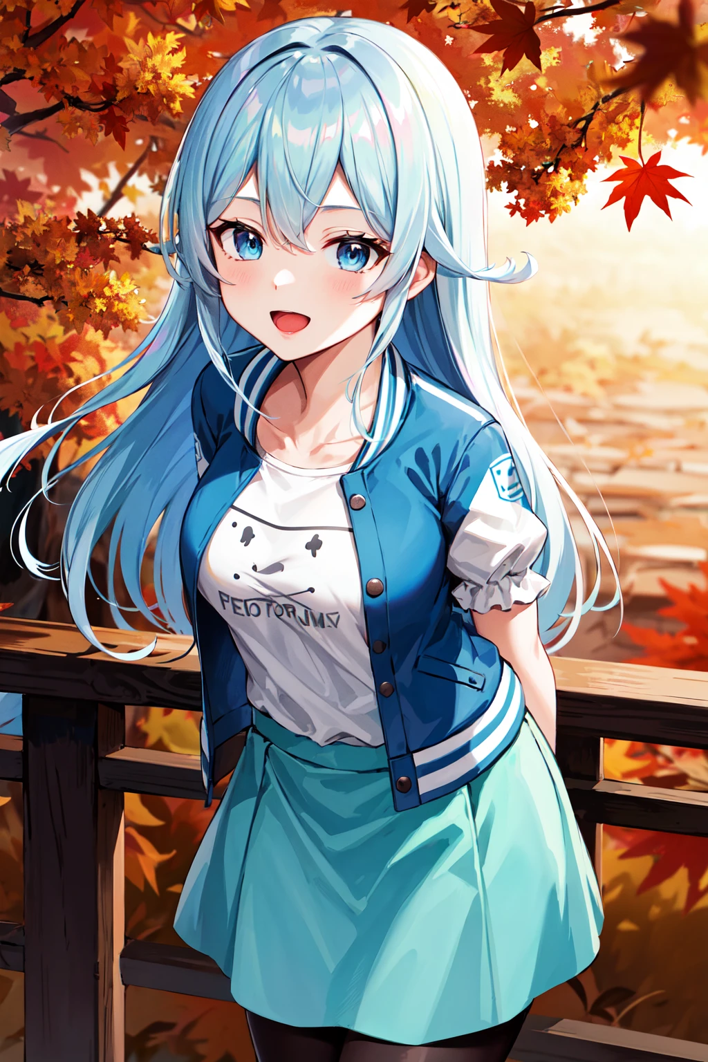 masterpiece, best quality, highres, aamahiro, long hair, blue hair, blue eyes, collarbone, white shirt, letterman jacket, blue jacket, open jacket, puffy sleeves, short sleeves, blue skirt, black pantyhose, <lora:yukishiro_mahiro_v1:0.7>, arms behind back, smile, open mouth, standing, cowboy shot, leaning forward, outdoors, autumn, maple leaf,