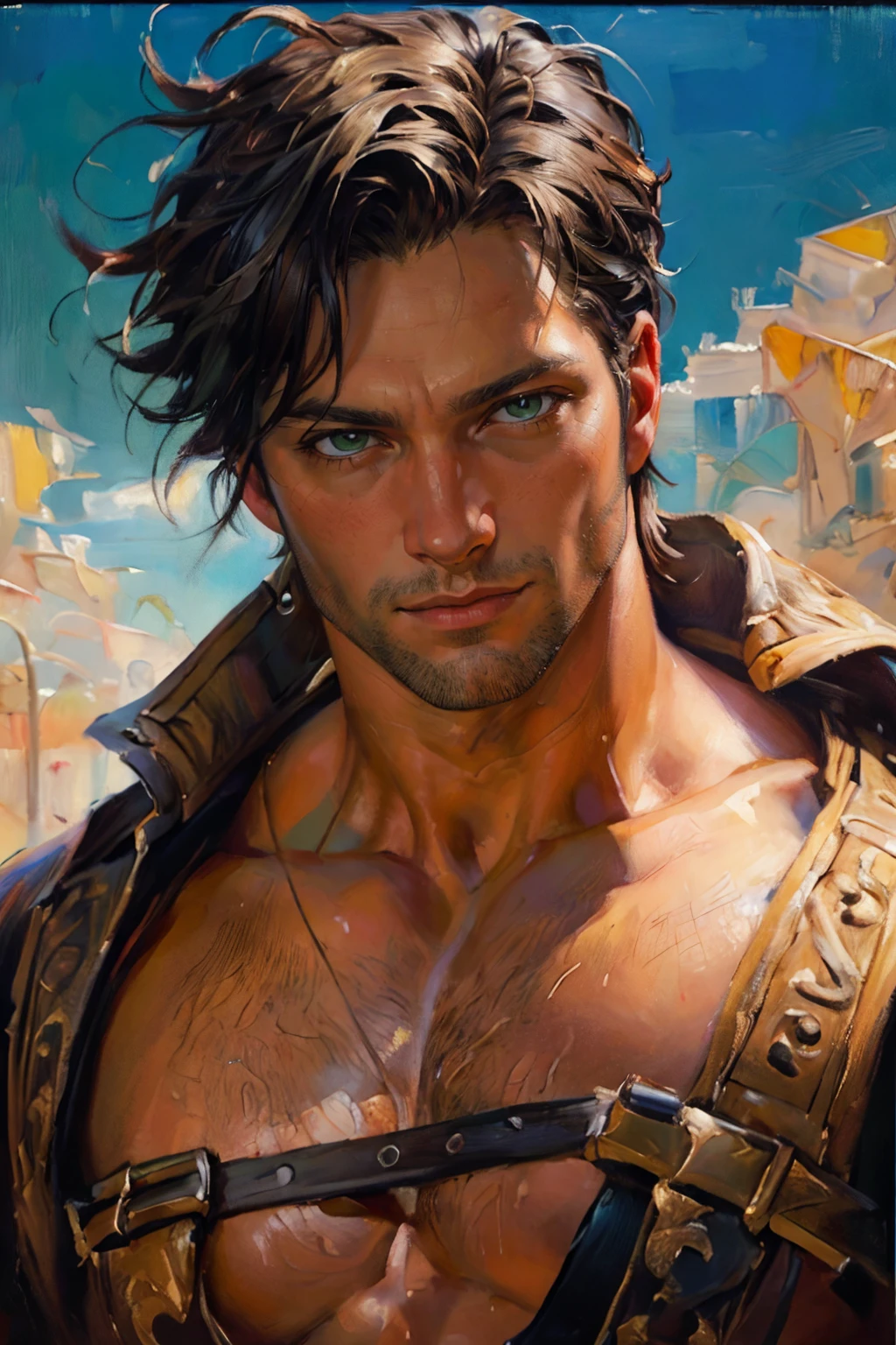 portrait of a man, 40 y.o, perfect face, natural skin, film grain, skin imperfections, ((face close-up)), realistic photography, green eyes, stubble, short cropped hair, muscular, shirtless, best quality, masterpiece, intricate details, dynamic pose, dynamic angle, ((surrealism)), ((romanticism)), ((oil painting \(medium\):1.2)), (illustration)