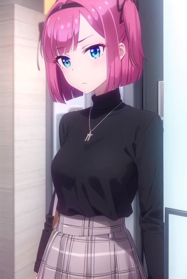 momijimochizuki, <lora:momiji mochizuki s2-lora-nochekaiser:1>, 
momiji mochizuki, short hair, blue eyes, ribbon, hair ribbon, pink hair, side ponytail, one side up,
BREAK skirt, shirt, jewelry, necklace, sweater, turtleneck, black sweater, plaid skirt, grey skirt, short sleeves,
BREAK indoors, office,
BREAK looking at viewer, (cowboy shot:1.5),
BREAK <lyco:GoodHands-beta2:1>, (masterpiece:1.2), best quality, high resolution, unity 8k wallpaper, (illustration:0.8), (beautiful detailed eyes:1.6), extremely detailed face, perfect lighting, extremely detailed CG, (perfect hands, perfect anatomy),