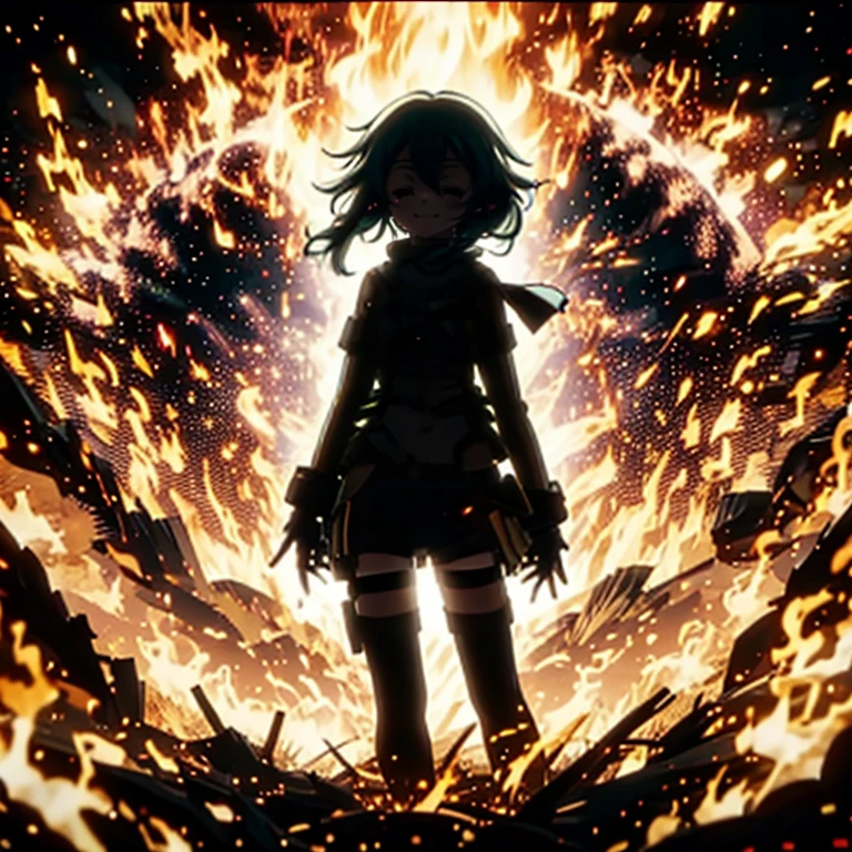 ((top quality, 8k wallpaper)),(masterpiece, best quality),extremely detailed,high definition,(official art:1.3),(((anime screencap,black outline))),<lora:more_details:0.3>,<lora:LCM_LoRA_Weights_SD15:1>,1girl, solo, BREAK <lora:sinon_v5:0.75>, sinon1,scarf,fingerless gloves,long sleeves,short shorts,hair ornament,hairclip,green thighhighs,green jacket,thigh strap, BREAK <lora:flameSilhouette:0.6>,(((closed eyes, smile, looking at viewer, light smile, silhouette,burning,fire,flame, flaming, backlighting,black silhouette))),