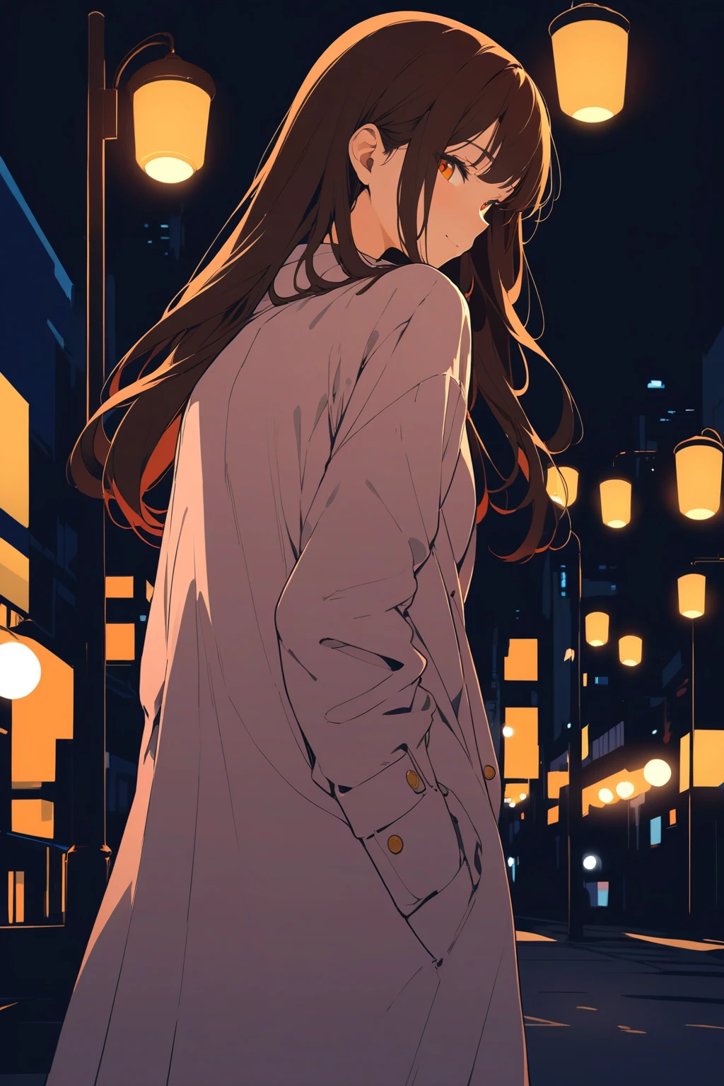 (masterpiece, ultra high res, best quality), (flat color), 1girl, solo, teen, cowboy shot, (depth of field:1.2), (night), (long coat), downtown, (street light:1.1), (Fantastic lighting), looking at viewer, black hair, long hair, [smile], (Closed mouth)