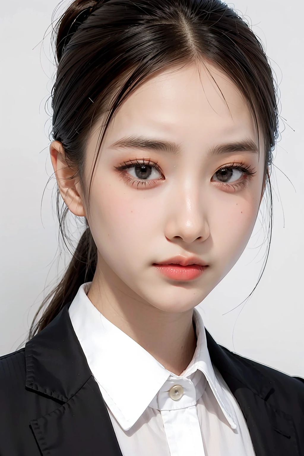 1girl, black  random formal attire, white background, <lora:Jorin4EVE_V1-02:1>