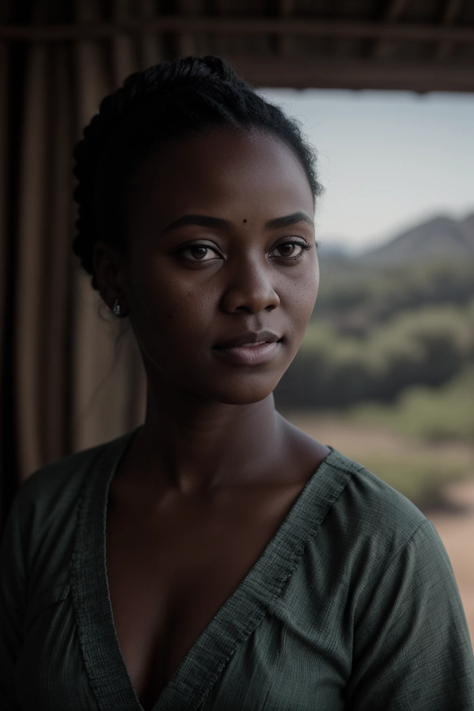 classical medium shot RAW photo of a Zimbabwean woman in traditional clothing, brilliant iridescent lighting, refined image, soothing dreamy natural scenery in the background, (pores, wrinkles, skin blemishes:0.4), crisp detailed dslr photo by Shawn Coss and Ralph Gibson, subsurface scattering, global illumination, Depth of field, Focal length, Diffuse, Emissive, Atmospheric perspective, Chiaroscuro, subtractive light