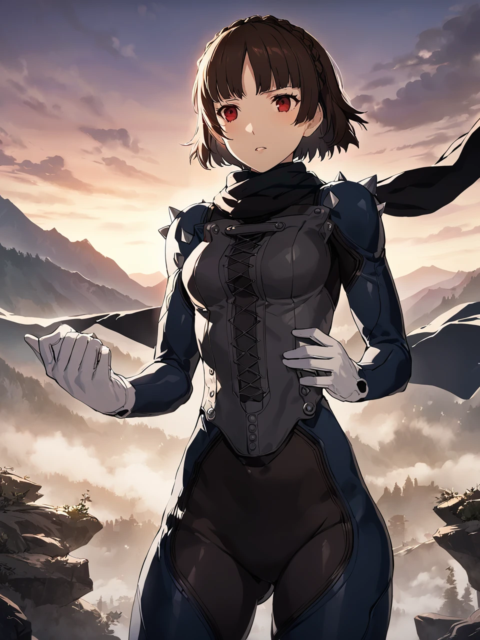 dsqueen, brown hair, short hair, crown braid, red eyes, bodysuit, shoulder spikes, scarf, white gloves, 1girl, solo
BREAK
mountain, misty, clouds, dusk, outdoors, cowboy shot, depth of field, cinematic, masterpiece, best quality, game cg
<lora:dsmakoto_a3b:1>