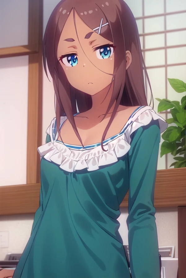 umikoahagon, <lora:umiko ahagon s2-lora-nochekaiser:1>, 
umiko ahagon, long hair, blue eyes, brown hair, hair ornament, hair between eyes, hairclip, dark skin, dark-skinned female, x hair ornament,
BREAK dress, collarbone, green dress, long sleeves, frills,
BREAK indoors, office,
BREAK looking at viewer, (cowboy shot:1.5),
BREAK <lyco:GoodHands-beta2:1>, (masterpiece:1.2), best quality, high resolution, unity 8k wallpaper, (illustration:0.8), (beautiful detailed eyes:1.6), extremely detailed face, perfect lighting, extremely detailed CG, (perfect hands, perfect anatomy),