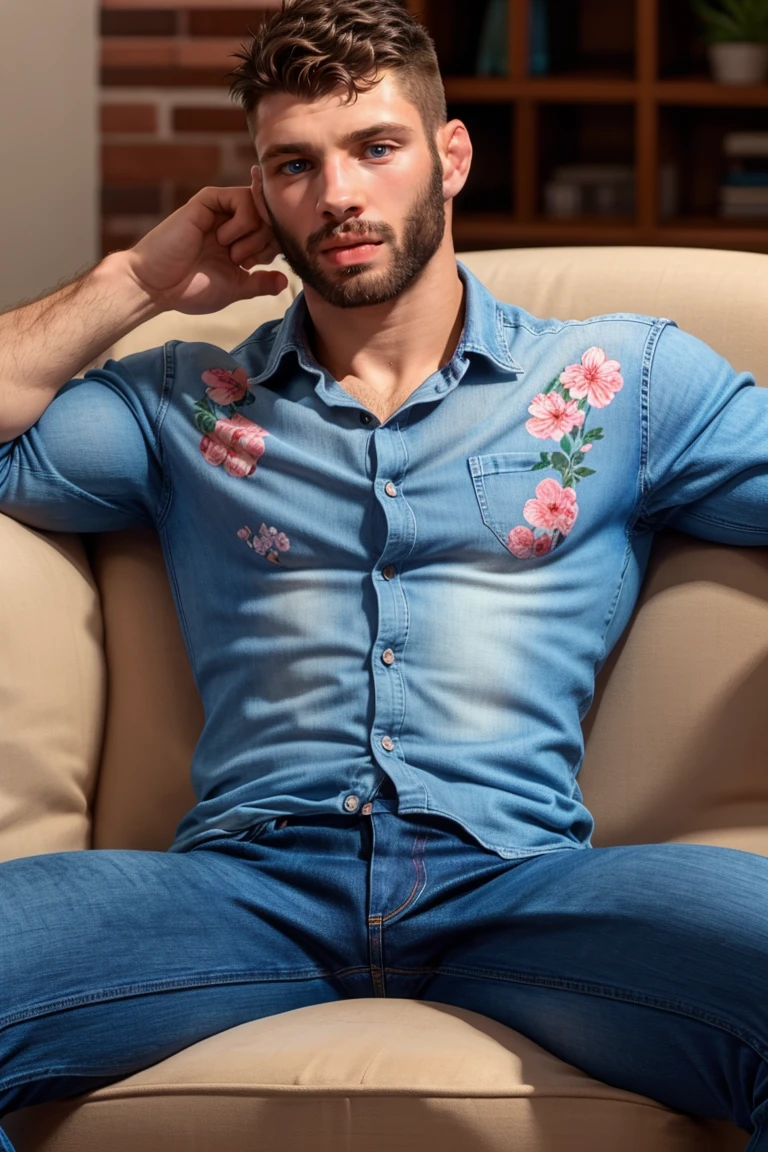 (masterpiece,  best quality:1.2),  man, solo,  1boy,  ,  (depth of field:1.1),  photo of man,  floral shirt,  denim jeans, ,  sitting on couch,  spread legs,  symmetrical body,  beard, ,  , cowboy shot,  ,  masterpiece,  highness,  perfect face,  perfect picture,  detailed eyes,  sharp focus, High detailed view, photorealistic,<lora:EMS-75454-EMS:0.800000>,<lora:EMS-271883-EMS:1.000000>