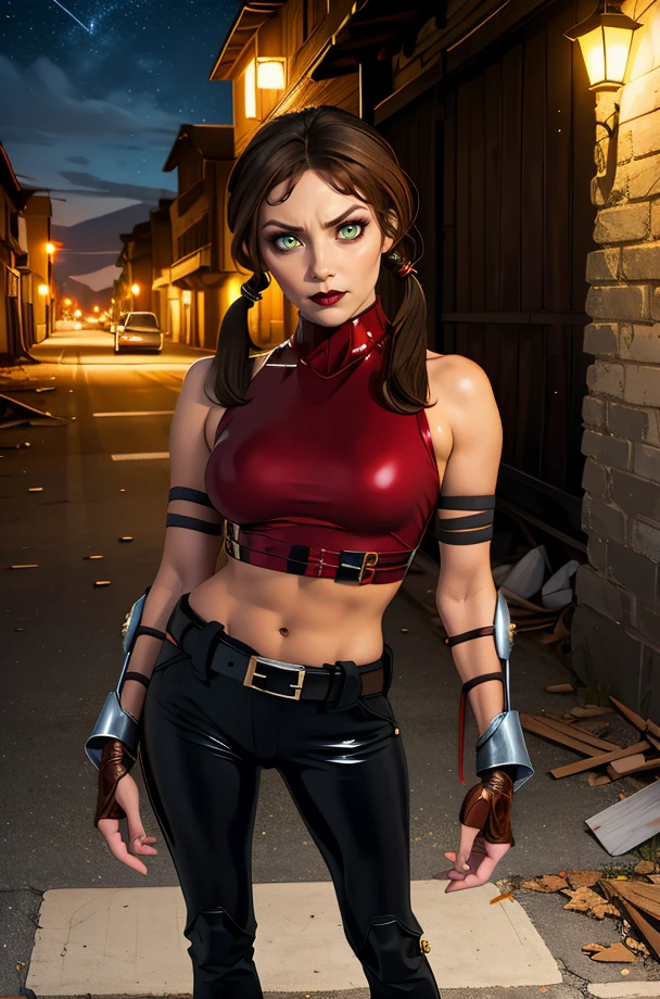 jennifer,brown hair,low twintails,green eyes,  dark makeup, 
red sleeveless turtleneck,midriff,belt,leather pants,bridal gauntlets,arm wraps,
standing, serious, 
night,abandoned buildings,
(insanely detailed, masterpiece, best quality),<lora:JenniferTate:0.8>,
