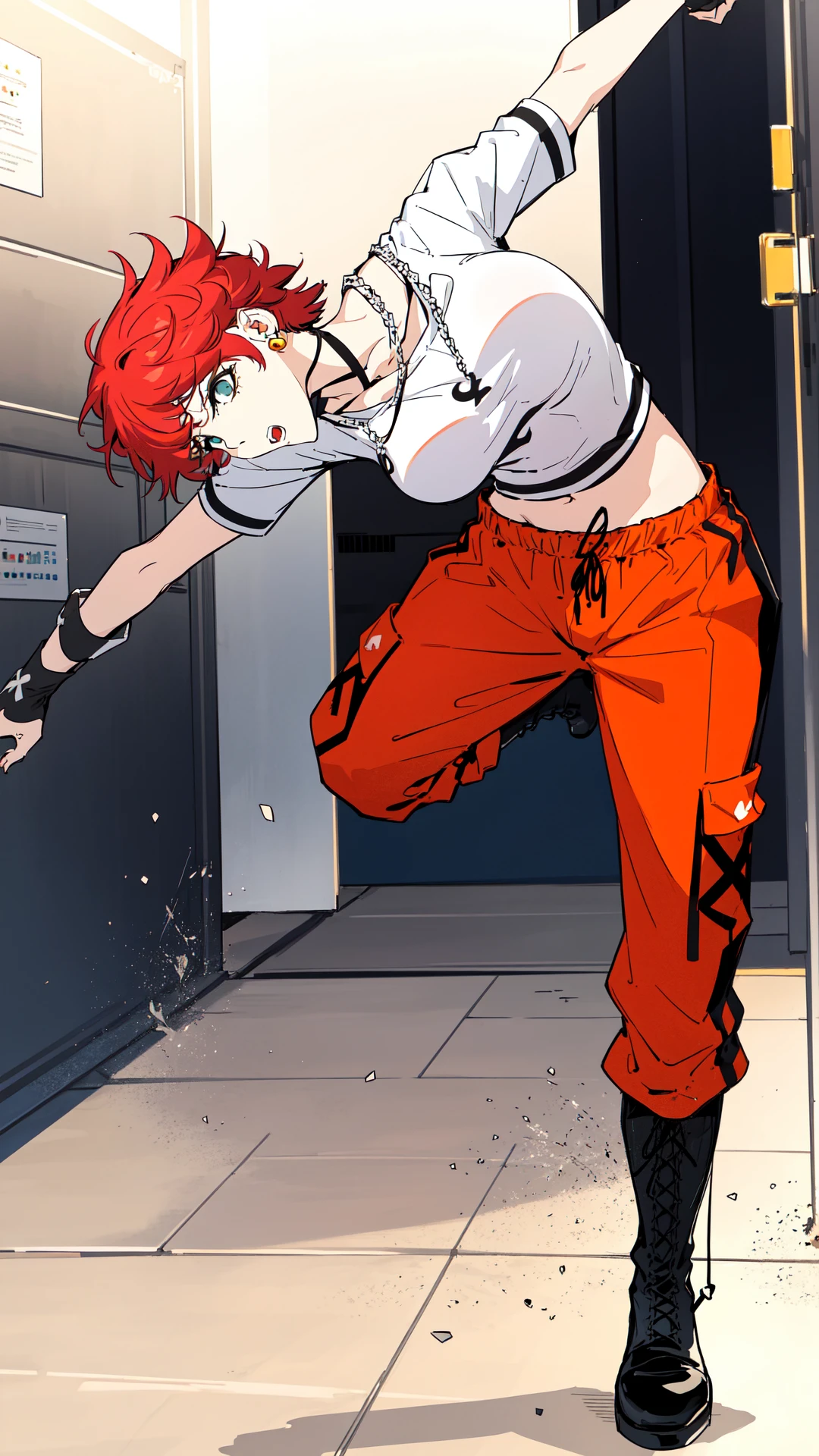 kwonie, jumping through door, 1woman, red short hair, teal eyes, yellow earnings, silver pendant, white top, orange pants, black neck collar, black bracelets, (((black boots))), 8k, 16k, trending on pixiv, fanbox, skeb, masterpiece, detailed face, digital painting, <lora:kwonie:0.7>