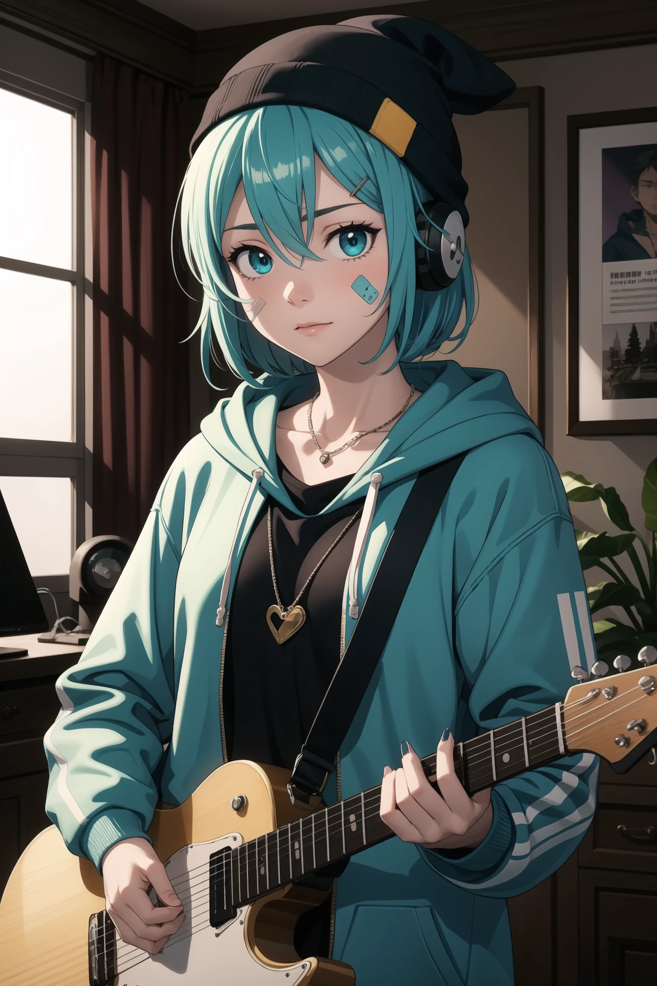 detailed_background,indoors,aqua_hair,holding_phone,hairclip,hair_between_eyes,guitar,beanie,straight-on,looking_at_viewer,eyes_visible_through_hair,electric_guitar,closed_mouth,effects_pedal,headphones,upper_body,hat,hoodie,instrument,solo,aqua_eyes,sticker,hood_down,phone,parental_advisory,nail_polish,smartphone,cellphone,jewelry,1girl,white_headwear,bandaid_on_nose,patch,bandaid_on_face,short_hair,original,bandaid,highres,sidelocks,holding,grey_hoodie,circuit_board,long_sleeves,aqua_nails,necklace,standing,print_hoodie,ring,hair_ornament,yorugata_mao,hood,bandaid_on_cheek