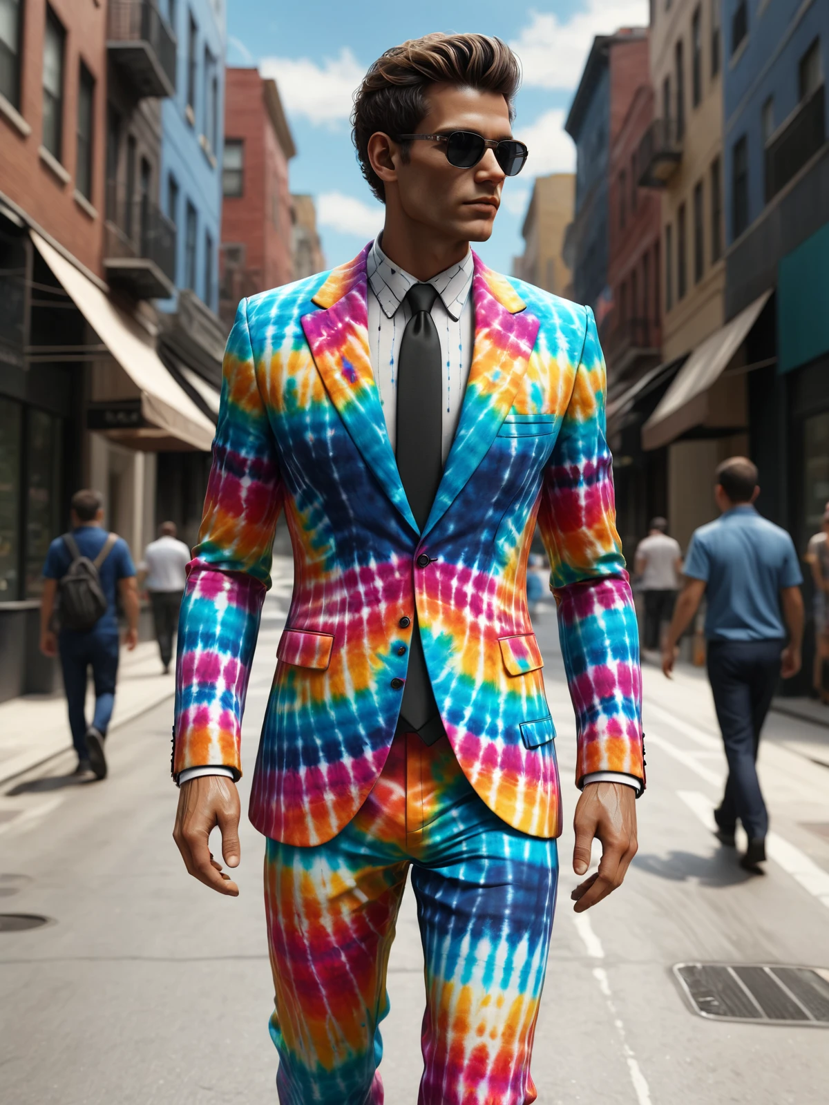 man wearing a mad-tiedye suit walking through city  <lora:Colorful_Tie-Dye_SDXL:0.8>, (masterpiece:1.2), best quality, (hyperdetailed, highest detailed:1.2), high resolution textures