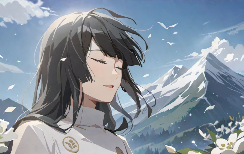 masterpiece,best quality, solo, eda, 1girl, <lora:EdaXL_V1-000040:0.7>,closed eyes,  bangs, black hair, white clothes, upper body, white flower, sing, blue sky,cloud, mountain,