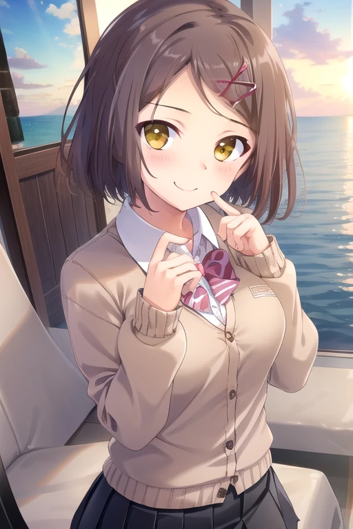 ((masterpiece)),(best quality),official art,extremely detailed CG,unity 8k wallpaper,ultra detailed,beautiful detailed eyes,extremely detailed face,A lighthouse on a cliff by the sea,1girl,solo,upper body,(portrait:1.5),looking at viewer,facing viewer,smile,brown hair,short hair,x hair ornament,hairclip,side swept bangs,yellow eyes,pink cardigan,long sleeves,collared shirt,white shirt,striped bow,bowtie,miniskirt,medium breasts,pleated skirt,black pantyhose,loafers,<lora:Izumi Konatsu(rk):0.9>,