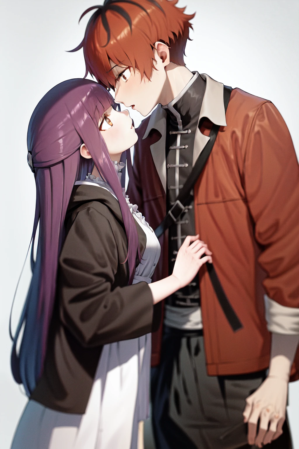masterpiece, best quality, highres,
1girl fern, black jacket white dress,
1boy stark, red jacket open clothes black pants,
[kiss::0.2], white background
<lora:stark_fern_3:1>