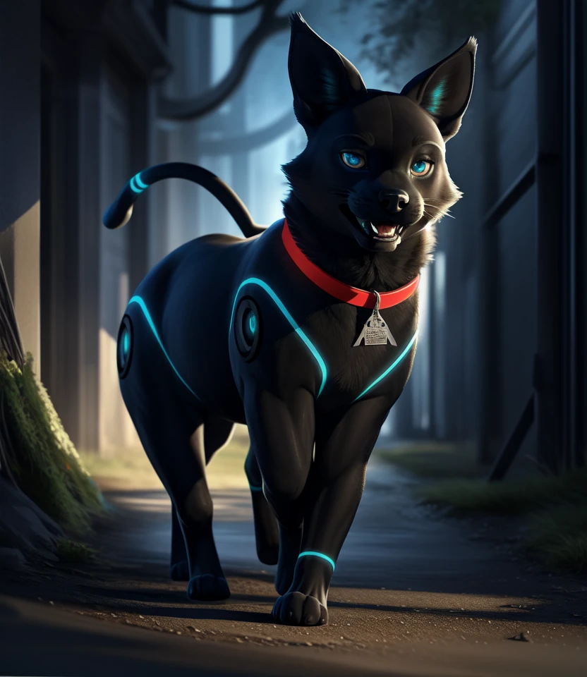 photo, photorealistic, 808, collar, detailed face, detailed background, feral, looking at viewer, bedroom eyes, grin, seductive, heart tail, glowing markings, <lora:808HifiRush031-Polyfur:1>