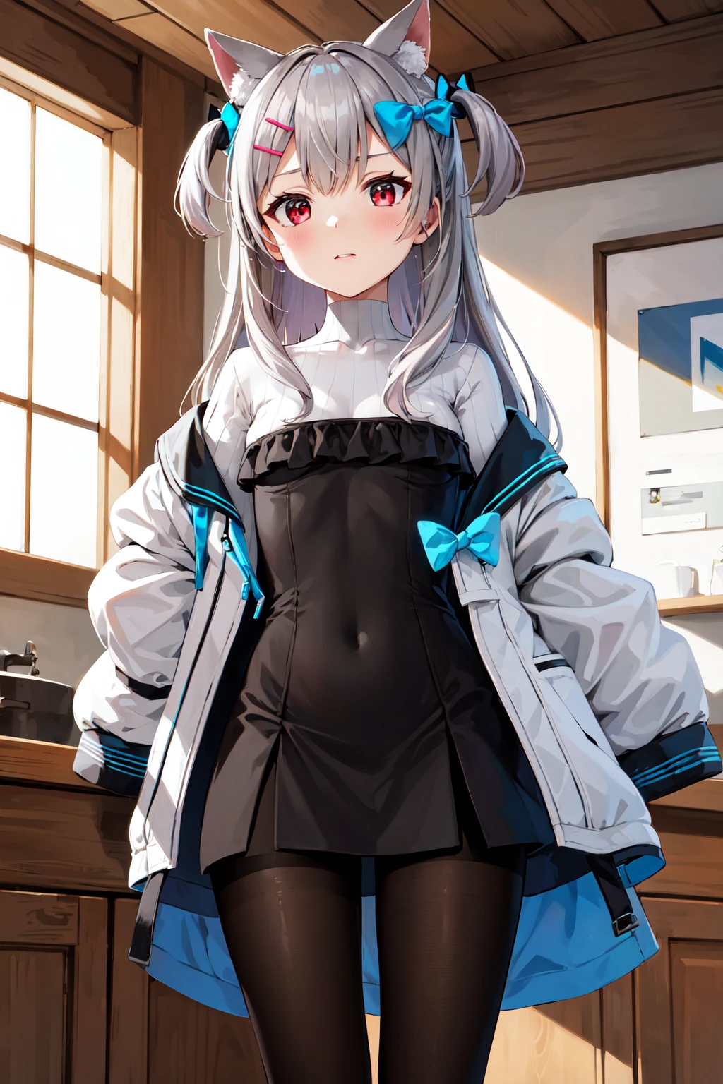 masterpiece, best quality, highres, 1girl, solo, long hair, grey hair, two side up, animal ears, hair bow, blue bow, hairclip, red eyes, turtleneck, black dress, long sleeves, sleeves past wrists, off shoulder, white jacket, open jacket, black pantyhose, <lora:natsume_eri_(vtuber)_v1:0.7>, indoors, standing,