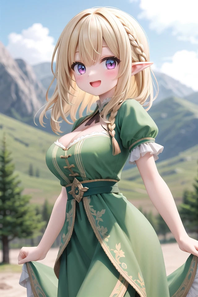 insanely detailed, absurdres, ultra-highres, ultra-detailed, best quality,
1girl, solo, nice hands, perfect hands
BREAK
elf girl, (wearing green dress:1.2), (nsfw:-1.5), (navel:-1)
BREAK
happy smile, laugh, open mouth
BREAK
,
standing, cowboy shot, looking at viewer
BREAK
slender, kawaii, perfect symmetrical face, ultra cute girl, ultra cute face, ultra detailed eyes, ultra detailed hair, ultra cute, ultra beautiful
BREAK
On the peak of a distant mountain, a gargantuan dragon from the ancient times roars, depth of field, ultra detailed background
BREAK
large breasts, cleavage,
BREAK
blonde hair, medium hair, elf ear, pink eyes