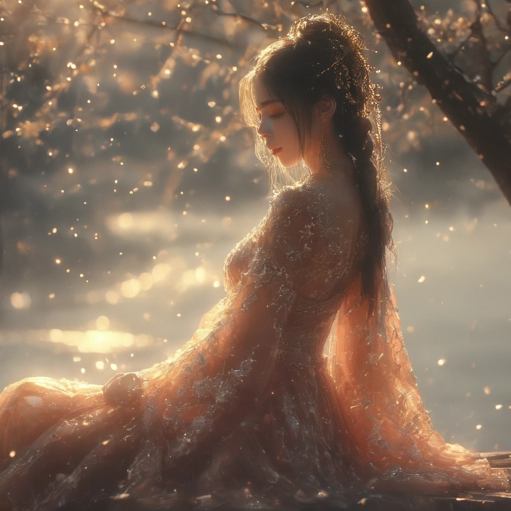 AncheReddressgirl,1girl,solo,jewelry,dress,hair ornament,long hair,closed eyes,sitting,long sleeves,dress,from side,<lora:AnchemixReddressgirl-000009:1>,