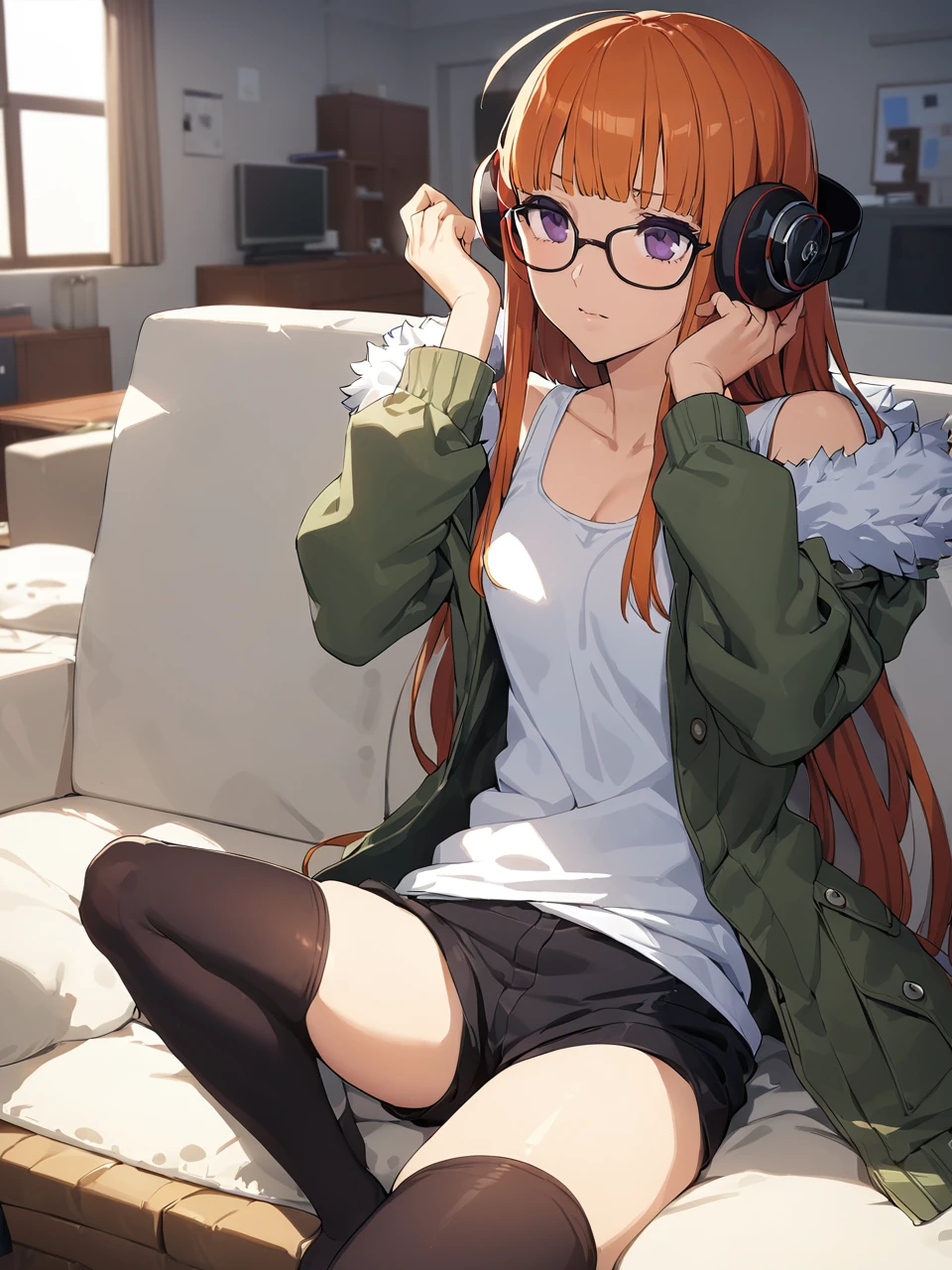 masutepiece, Best Quality, hight resolution,
1girl in, futaba sakura, Blunt bangs, Glasses, black-framed eyewear, Ahoge, Small breasts,
Glasses, headphones, behind-the-head headphones, White shirt, Jacket, off shoulders, Fur trim, fur-trimmed jacket, Green jacket, Shorts, thighs thighs thighs thighs, long boots,
Cowboy Shot,the golden hour,grin,1black cat、tea shop、sofa