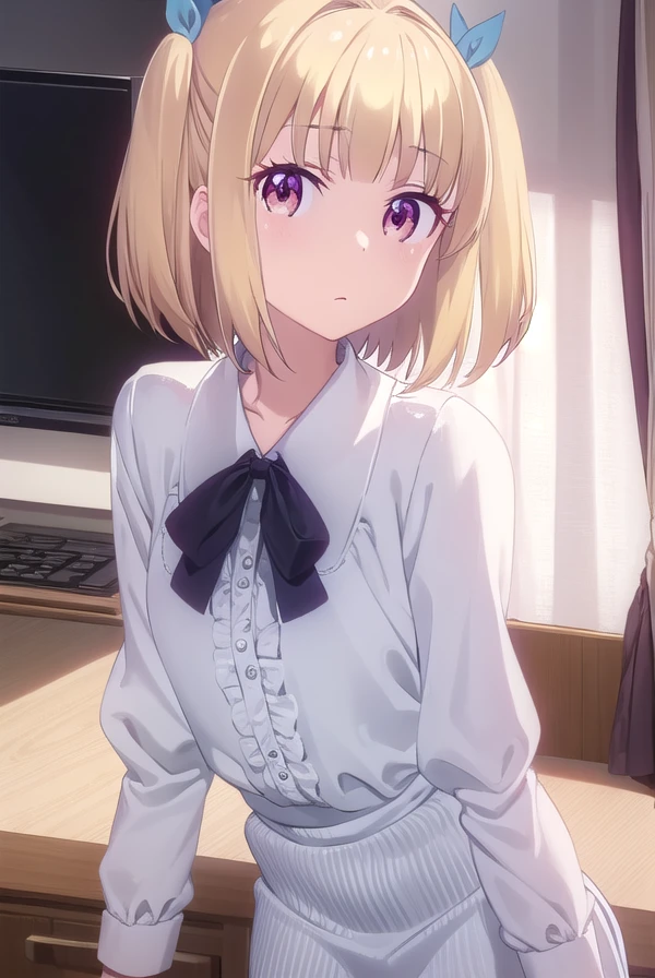 yunijima, <lora:yun ijima s2-lora-nochekaiser:1>,
yun ijima, short hair, blonde hair, (red eyes:1.3), ribbon, hair ribbon, two side up,
BREAK dress, white dress, collar, puffy sleeves, long sleeves, frills,
BREAK indoors, office,
BREAK looking at viewer, (cowboy shot:1.5),
BREAK <lyco:GoodHands-beta2:1>, (masterpiece:1.2), best quality, high resolution, unity 8k wallpaper, (illustration:0.8), (beautiful detailed eyes:1.6), extremely detailed face, perfect lighting, extremely detailed CG, (perfect hands, perfect anatomy),