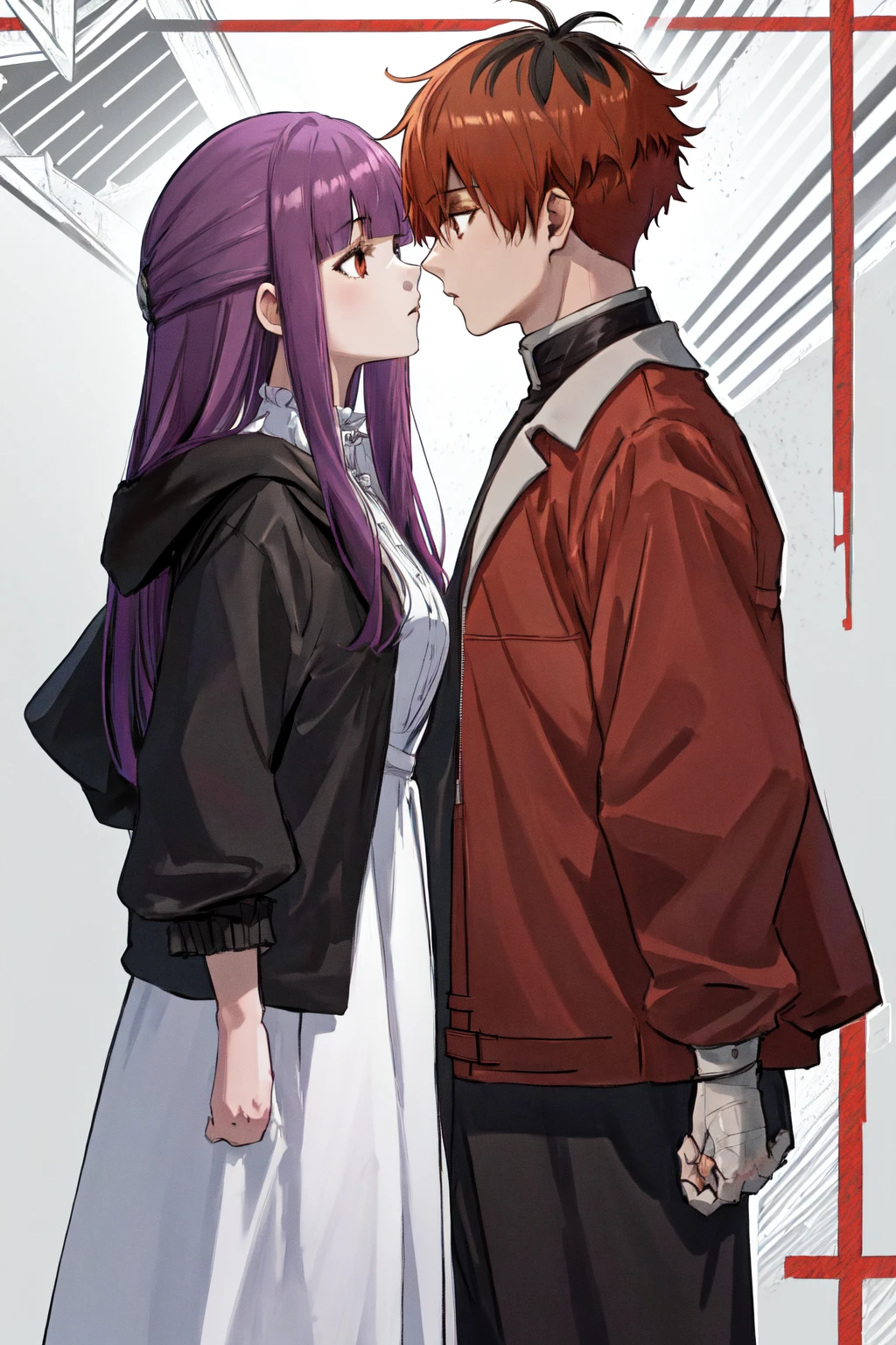 masterpiece, best quality, highres,
1girl fern, black jacket white dress,
1boy stark, red jacket open clothes black pants,
[kiss::0.2]
<lora:stark_fern_3:1>
