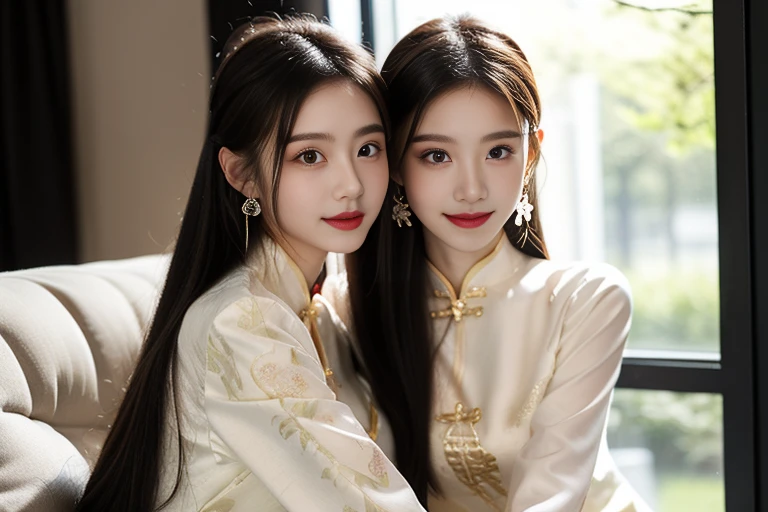 ltra-detailed,highly detailed,best quality,masterpiece,illustration,realistic,photorealistic,
banniang-qipao, multiple girls, 2girls, yuri,
china dress, chinese clothes, long sleeves, white dress,
jewelry, earrings, hairband, bracelet,
bangs, long hair, ponytail, hair pulled back,
looking at viewer, sitting, smile, hug,
window, white flower, indoors, day, looking at another,
<lora:banniang qipao_v1_05:0.7>