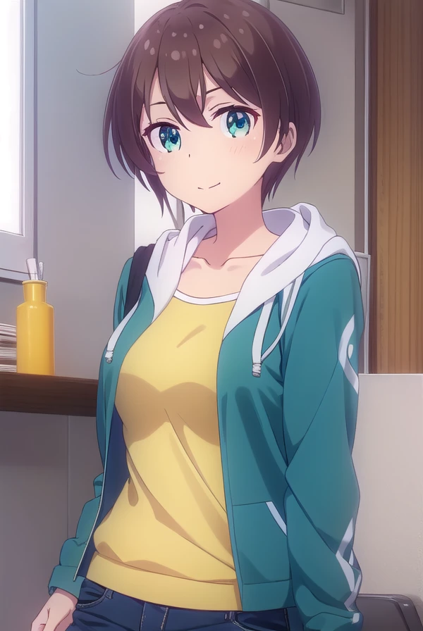 hajimeshinoda, <lora:hajime shinoda s2-lora-nochekaiser:1>,
hajime shinoda, short hair, bangs, brown hair, (green eyes:1.3), ahoge, smile,
BREAK shirt, long sleeves, collarbone, jacket, open clothes, pants, hood, open jacket, hoodie, hood down, blue jacket, yellow shirt,
BREAK indoors, office,
BREAK looking at viewer, (cowboy shot:1.5),
BREAK <lyco:GoodHands-beta2:1>, (masterpiece:1.2), best quality, high resolution, unity 8k wallpaper, (illustration:0.8), (beautiful detailed eyes:1.6), extremely detailed face, perfect lighting, extremely detailed CG, (perfect hands, perfect anatomy),