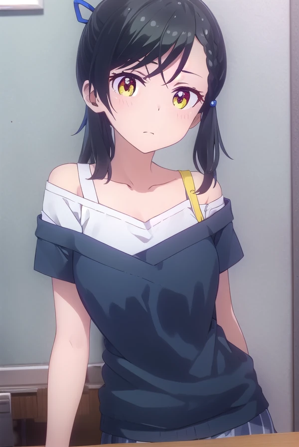 tsubamenarumi, <lora:tsubame narumi s2-lora-nochekaiser:1>,
tsubame narumi, black hair, ribbon, hair ribbon, (yellow eyes:1.3), side ponytail, braid, single braid,
BREAK collarbone, shirt, off shoulder, bra strap, short sleeves,
BREAK indoors, office,
BREAK looking at viewer, (cowboy shot:1.5),
BREAK <lyco:GoodHands-beta2:1>, (masterpiece:1.2), best quality, high resolution, unity 8k wallpaper, (illustration:0.8), (beautiful detailed eyes:1.6), extremely detailed face, perfect lighting, extremely detailed CG, (perfect hands, perfect anatomy),
