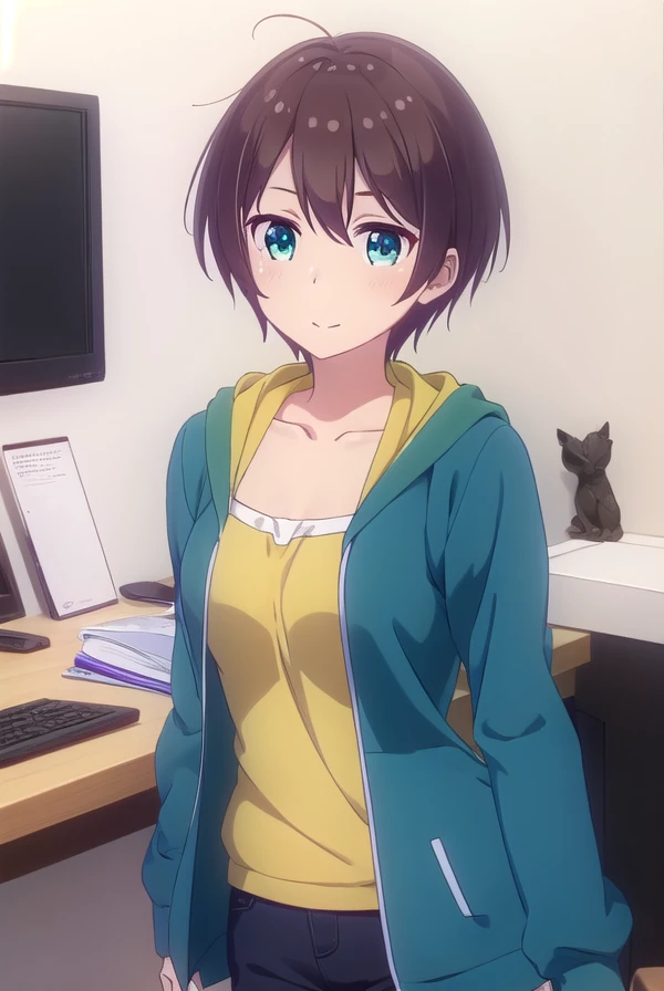 hajimeshinoda, <lora:hajime shinoda s2-lora-nochekaiser:1>, 
hajime shinoda, short hair, bangs, brown hair, (green eyes:1.3), ahoge, smile,
BREAK shirt, long sleeves, collarbone, jacket, open clothes, pants, hood, open jacket, hoodie, hood down, blue jacket, yellow shirt,
BREAK indoors, office,
BREAK looking at viewer, (cowboy shot:1.5),
BREAK <lyco:GoodHands-beta2:1>, (masterpiece:1.2), best quality, high resolution, unity 8k wallpaper, (illustration:0.8), (beautiful detailed eyes:1.6), extremely detailed face, perfect lighting, extremely detailed CG, (perfect hands, perfect anatomy),