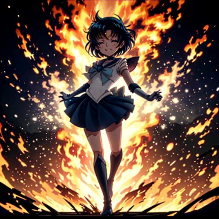 ((top quality, 8k wallpaper)),(masterpiece, best quality),extremely detailed,high definition,(official art:1.3),(((anime screencap,black outline))),<lora:more_details:0.3>,<lora:LCM_LoRA_Weights_SD15:1>,1girl, solo, BREAK <lora:mercury_v2:1>,mer1,tiara,blue hair, sailor senshi uniform,blue sailor collar,bow,knee boots,choker,white gloves,blue choker,elbow gloves,jewelry,earrings,blue skirt, BREAK <lora:flameSilhouette:0.4>,(((closed eyes, smile, looking at viewer, light smile, silhouette,burning,fire,flame, flaming, backlighting,black silhouette))),