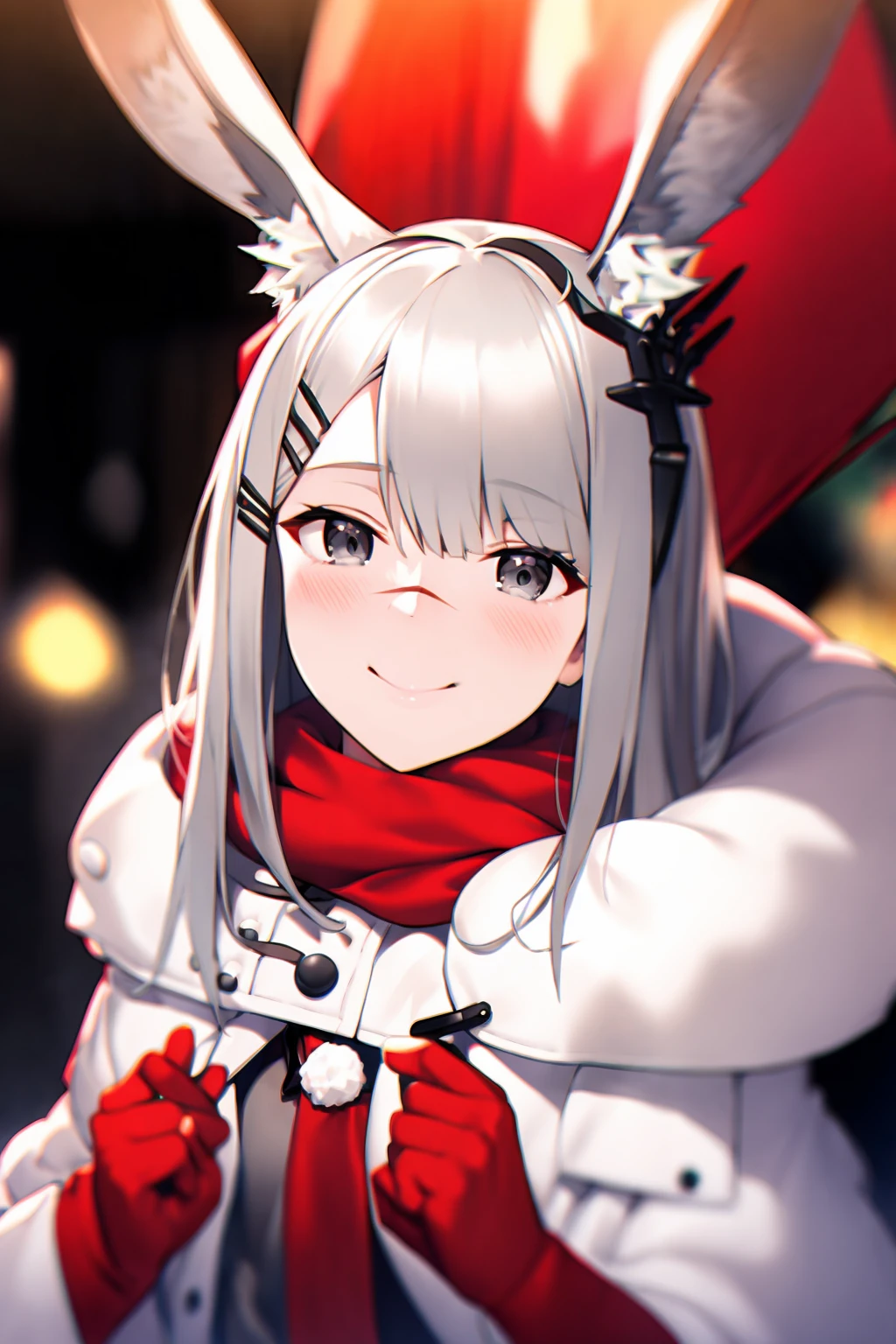 masterpiece, best quality, <lora:frostnova:1>,
1girl, animal ears, scarf, grey eyes, rabbit ears, solo, looking at viewer, smile, scar, red scarf, blurry, hair ornament, long hair, grey hair, blurry background, scar on nose, hairclip, scar on face, upper body, coat, christmas, pov, depth of field, bangs, gloves, open clothes, winter clothes, closed mouth, red gloves, blush, alternate costume, animal ear fluff, white coat, grey shirt