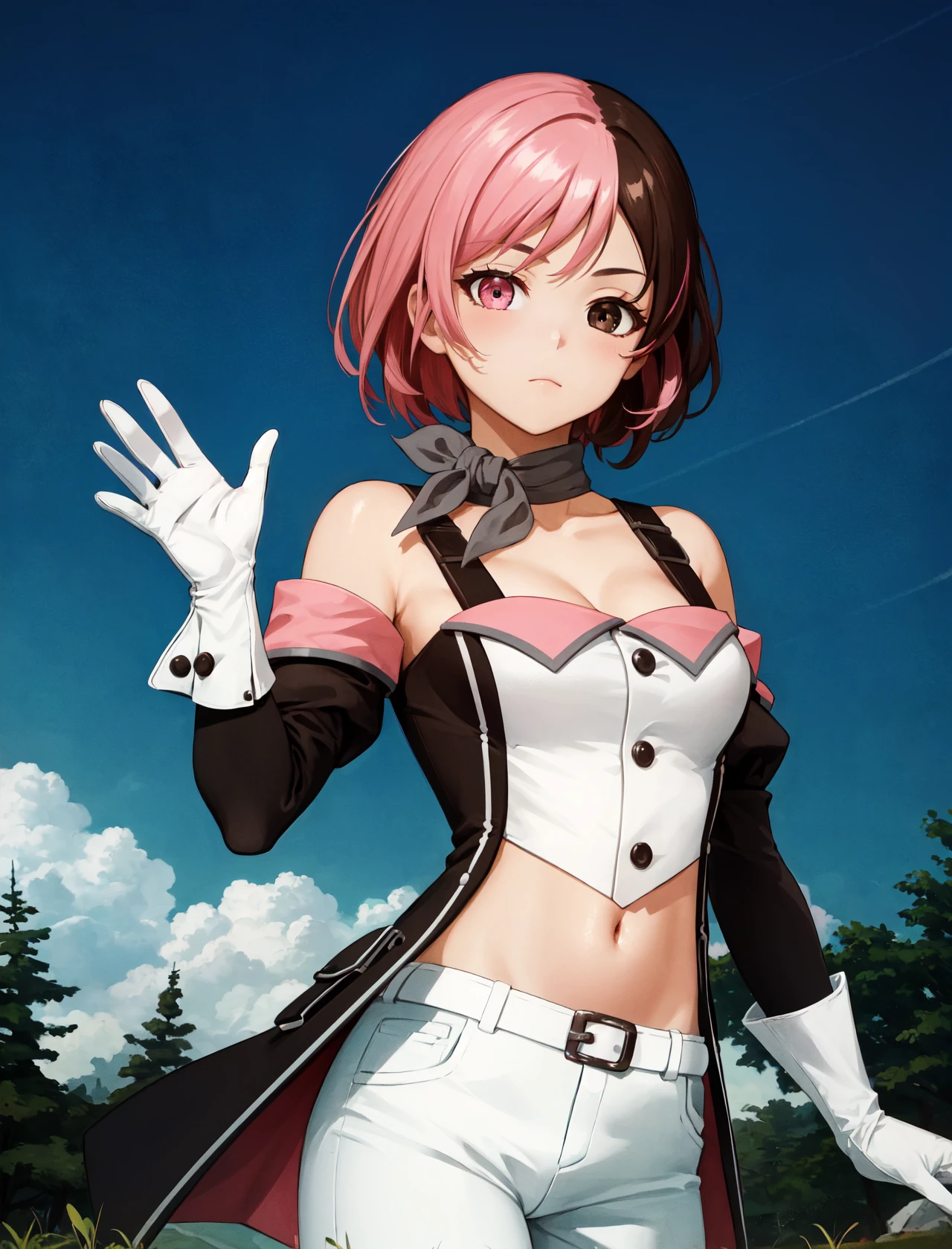 masterpiece, best quality, highres,
NeoDef, 1girl, solo, breasts, brown hair, brown eyes, heterochromia, pink hair, multicolored hair, pink eyes, short hair, bangs, shiny hair, two-tone hair, split-color hair,
gloves, long sleeves, navel, cleavage, bare shoulders, medium breasts, closed mouth, collarbone, detached sleeves, midriff, shiny, belt, pants, white gloves, stomach, buckle, belt buckle, white pants, black sleeves, white belt,
cowboy shot, looking at viewer, waving, waving arms, outdoors, forest, field, night, sky, night sky, <lora:LoRA_Neopolitan:1>