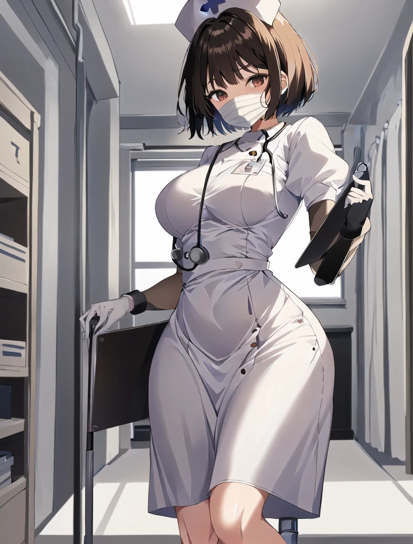 masterpiece, best quality, high quality,1girl, lower body, hospital, <lora:Long nurse unifirm T2:0.8> ((longnurset2, gloves, surgical mask, nurse, nurse cap, stethoscope,puffy dress,long sleeves,long dress)), <lora:Laura Holm:0.6> (laura holm, aignch02, 1girl, solo, short hair, brown hair, brown eyes, prosthetic arms, medium breasts, prosthetic legs, bob cut),