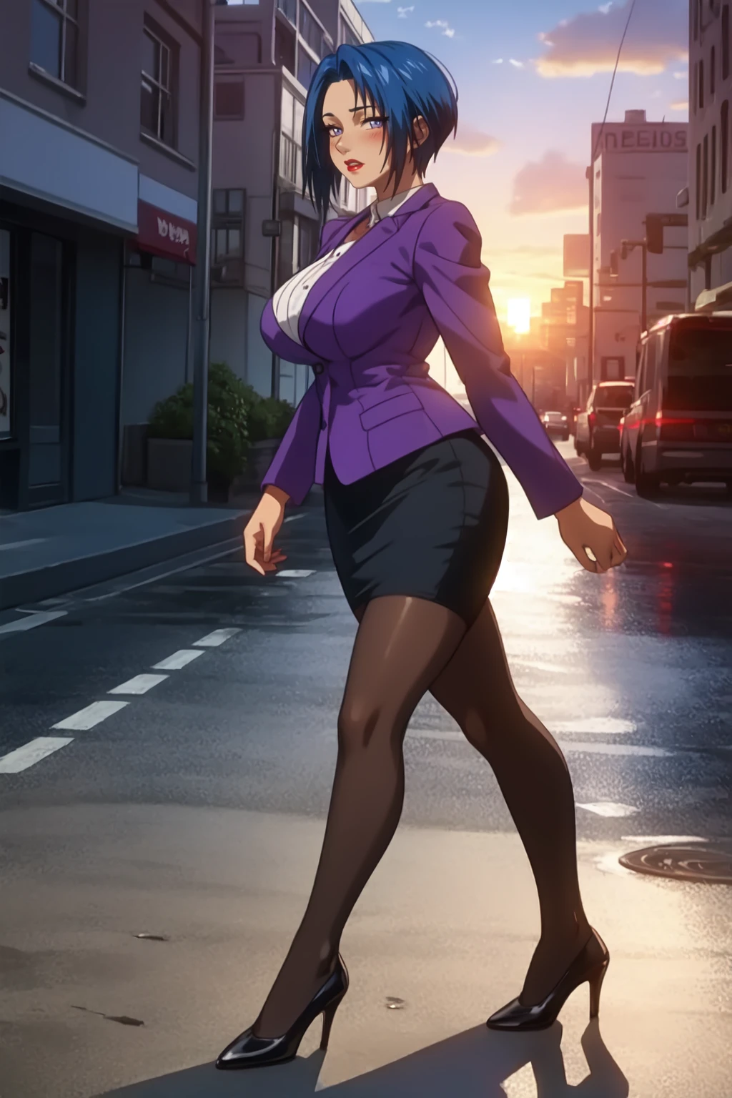 masterpiece, high quality, detailed, cinematic lighting, shadows, digital official art,
AojikaMizuho, 1girl, solo, mature female, walking, full body, side view,
looking at viewer, blush, teeth,
short hair, blue hair, blue eyes, red lips,
purple blazer, white shirt, pencil skirt, thighhighs, red high heels,
curvy, large breasts, thighs,
city, park, sunset,
<lora:AojikaMizuho:0.9>