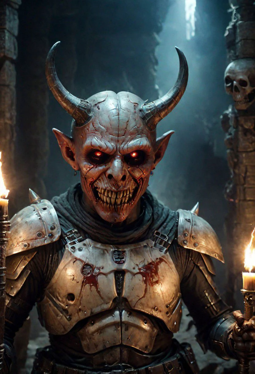 A photo of a (menacing demon lord:1.3), (curved horns:1.2), piercing red eyes, (grinning skull-like face:1.1), muscular build, (pointing directly at viewer:1.2), surrounded by an army of (ghouls and skeletal figures:1.1), flickering candlelight, medieval dungeon setting, (ominous soldier with rifle:1.1), atmospheric dread, gothic horror theme, Sony A7R IV, 1/60s, f/2.8, ISO 1000, cinematic composition, HDR imaging, detailed textures, macabre mood, RAW photography, professional grade,photography in the style of Labirynth movie, close up of (awful) and (sweet) creature with sword stained with (blood), inside a claustrophobic ancient and ruined labirynth ,fantasy,hyper detailed, real skin imperfections, hard lighting, bokeh, ((curi:1.2))armor star wars