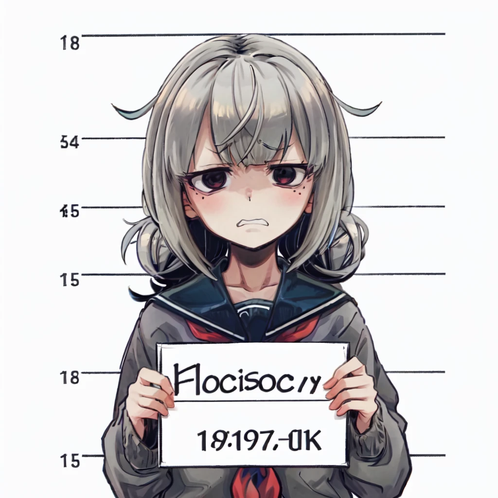 Araga Kiwi, 1girl, double bun, masterpiece, best quality, mugshot, height chart, holding sign, angry, annoyed, looking away, serafuku, cardigan, school uniform, <lora:KiwiRelease-10:1> <lora:mugshot:0.5>