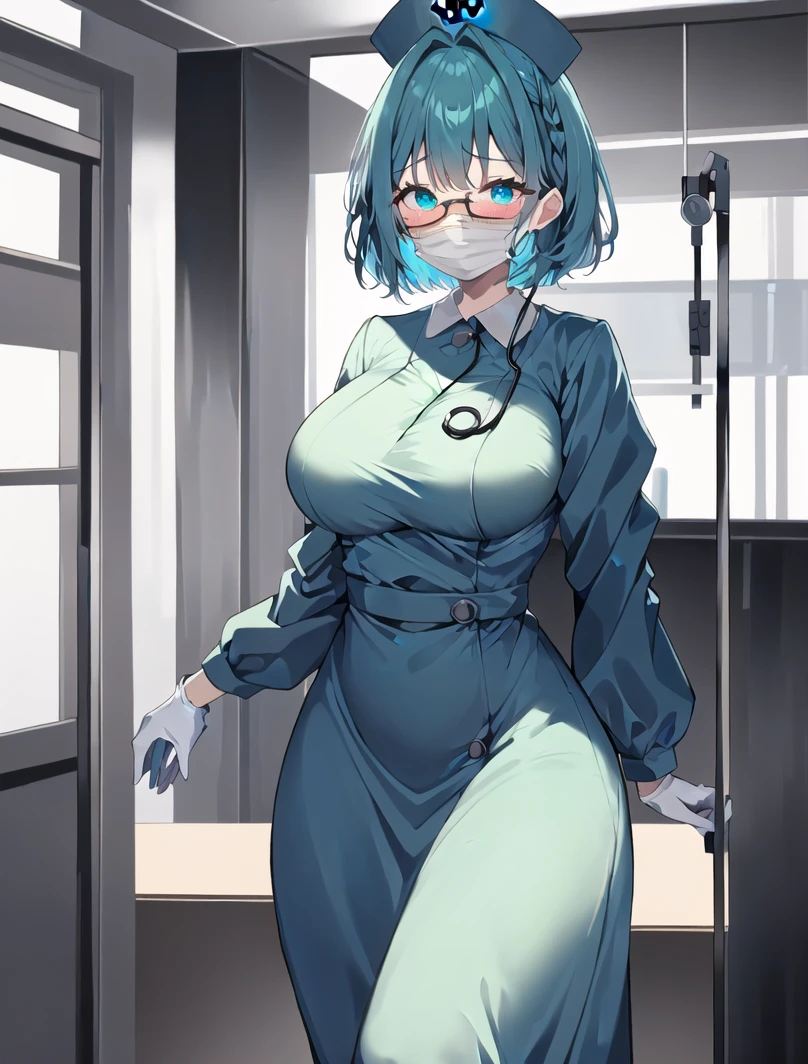 (masterpiece, best quality, detailed), 1girl, solo, looking at viewer, green hair, ponytail, glasses, brown eyes,
scientist, labcoat, glasses, collared shirt, pencil skirt, basement, (dark:1.5), dimly lit, Master piece, (best quality), perfect eyes, bound, bondage, (arms behind back:1.4), bdsm, tape gag, tape, tape bondage, close-up, restrained, standing ,best anatomy, middle body, laboratory coat,gigantic breast 