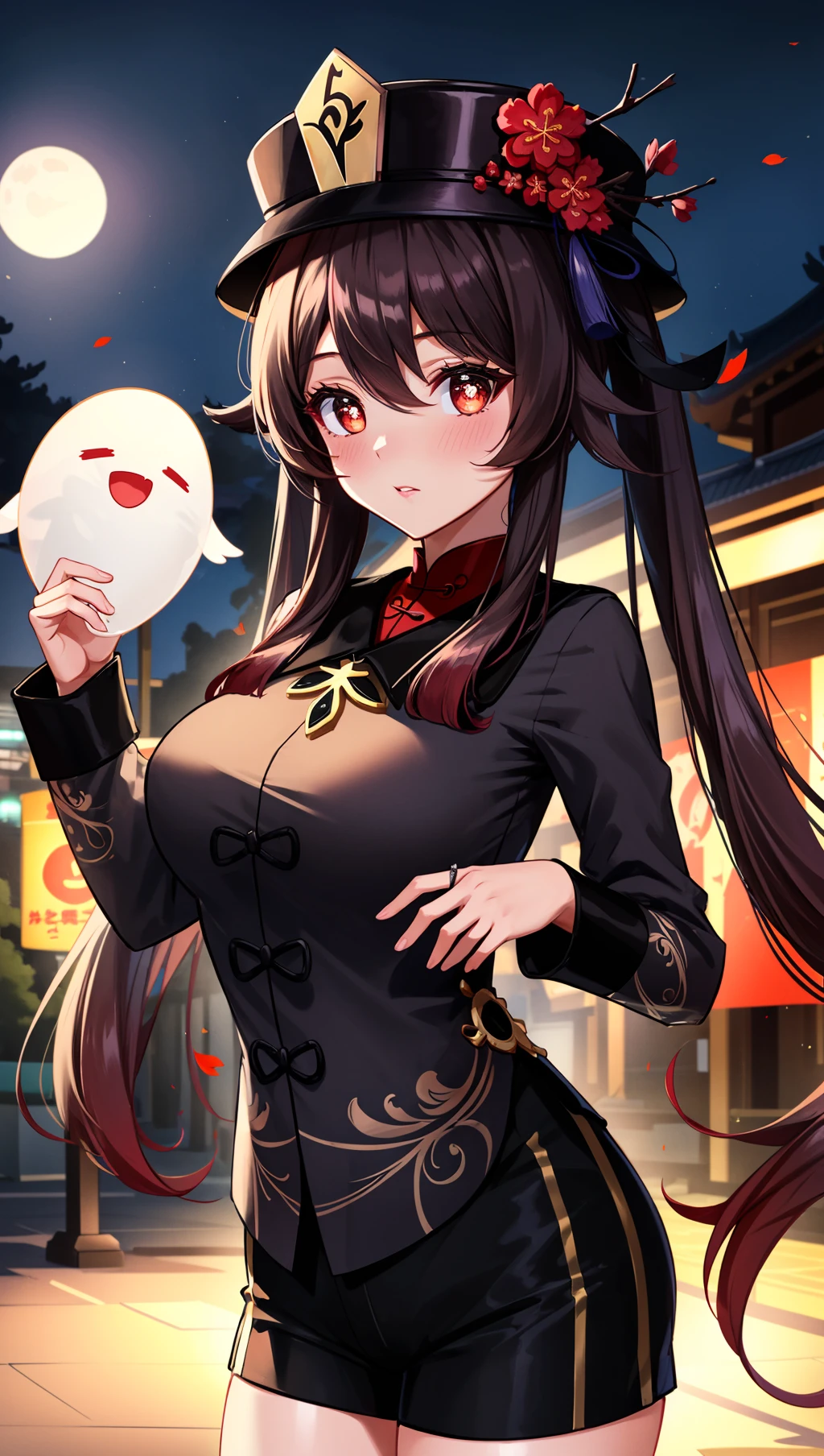 (4k,masterpiece, high resolution, best quality:2, breathtaking, ultra detailed:1.4),A cool female in the street at nighthutao,Hutao,1girl,hu tao \(genshin impact\),boo tao \(genshin impact\),hat,ghost,jewelry,looking at viewer,symbol-shaped pupils,flower,shorts,twintails,solo,long hair,brown hair,long sleeves,black shorts,black headwear,hat flower,ghost pose,blush,red eyes,rim light,depth_of_field,scenery,reality,huge filesize,Cinematic Lighting,<lora:more_details:0.3>,summer festival,<lora:[LoRA] mhy_hutao_v1.0:0.6>,in autumn,moon,chinese clothes,twintails,, (masterpiece, high resolution, best quality:1.4, breathtaking, ultra detailed)