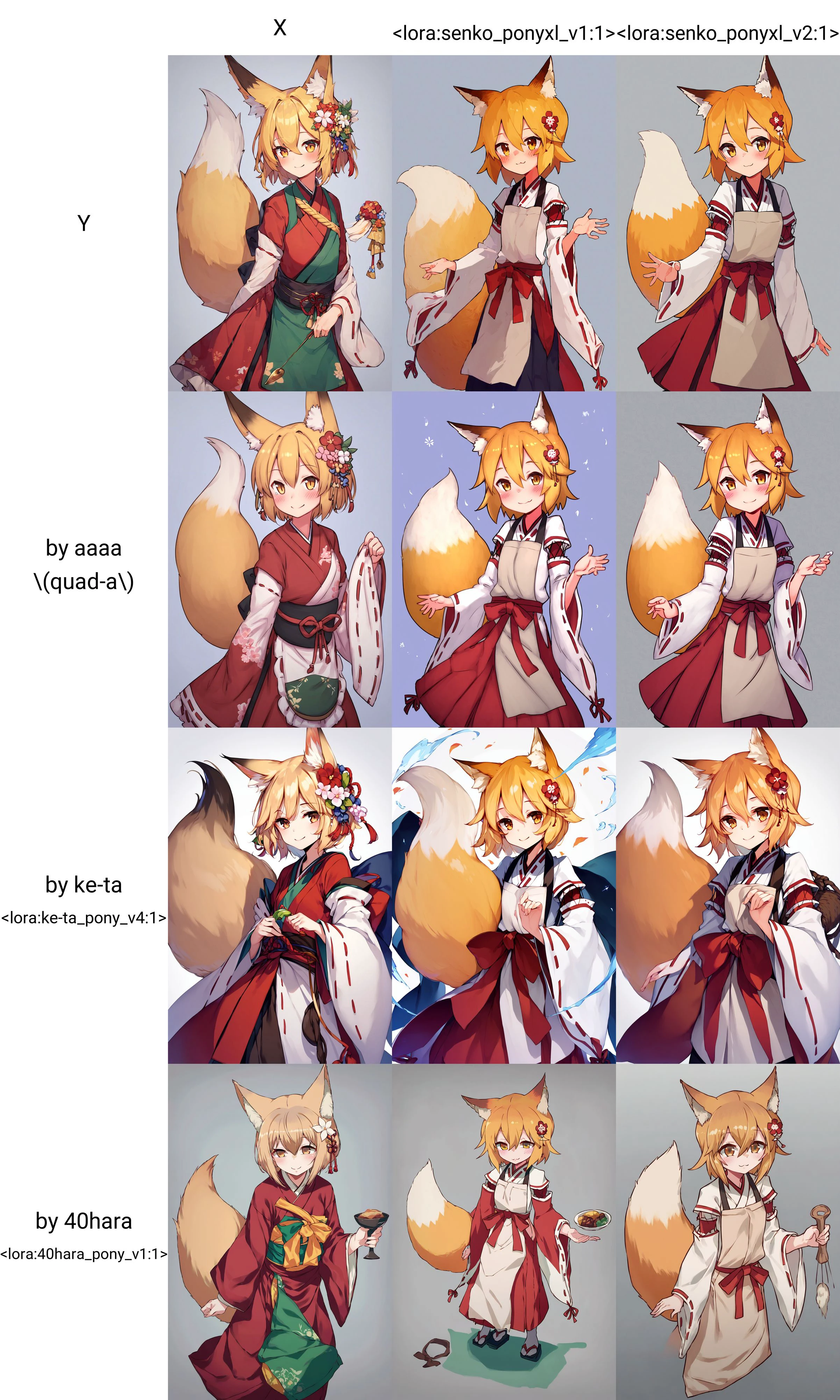 score9, _score_8_up, score_7_up, score_6_up, best quality, masterpiece, uncensored, source_anime, Y, simple background, white background,
BREAK
sen, blonde hair, animal ears, fox ears, blush, animal ear fluff, hair ornament, fox girl, hair flower, hair between eyes, short hair, fox tail, tail, flat chest, yellow eyes, young girl
BREAK
smile, standing, miko, apron, japanese clothes, ribbon mesh sleeves
X