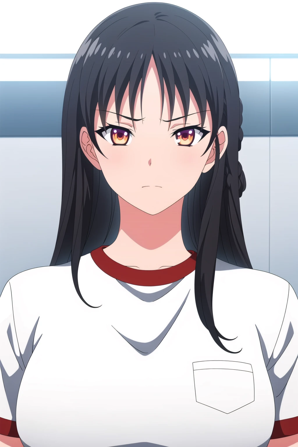Simple White Background,
White shirt, short sleeves,
<lora:Suzune_Horikita_YouZitsu-KK77-V1:0.7>,gym uniform,
Orange eyes, Black hair,bangs,Long hair,hair ornament,
<lora:Oda_Non_Style-KK77-V2:0.3>,<lora:more_details:0.1>,
1 girl, 20yo,Young female,Beautiful long legs,Beautiful body,
Beautiful Nose,Beautiful character design, perfect eyes, perfect face,expressive eyes,perfect balance,
looking at viewer,(Focus on her face),closed mouth, (innocent_big_eyes:1.0),(Light_Smile:0.3),
official art,extremely detailed CG unity 8k wallpaper, perfect lighting,Colorful, Bright_Front_face_Lighting,White skin,
(masterpiece:1.0),(best_quality:1.0), ultra high res,4K,ultra-detailed,
photography, 8K, HDR, highres, absurdres:1.2, Kodak portra 400, film grain, blurry background, bokeh:1.2, lens flare, (vibrant_color:1.2),professional photograph,
(Beautiful,large_Breasts:1.4), (beautiful_face:1.5),(narrow_waist),