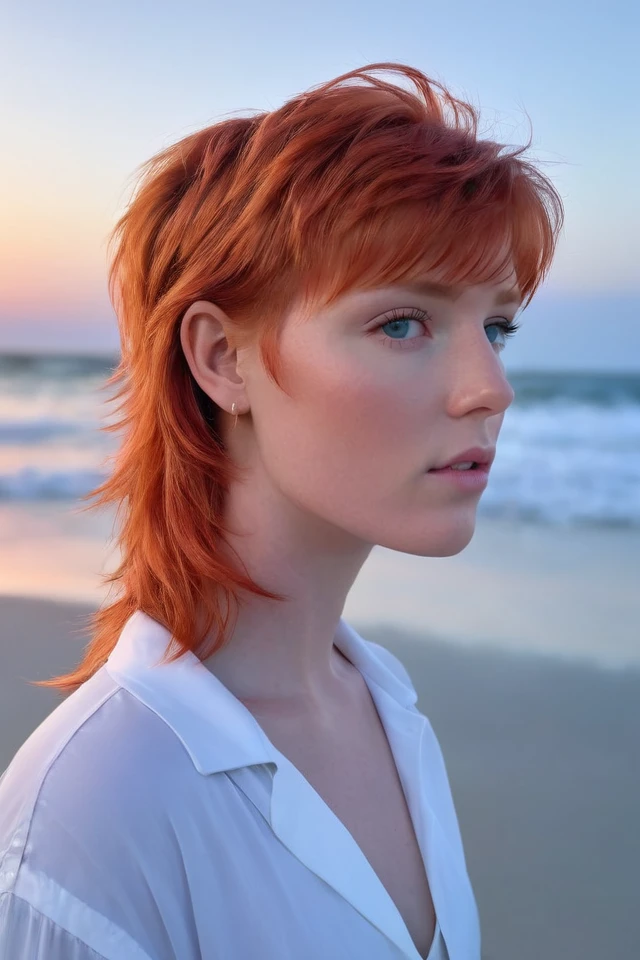 <lora:A_Mullet_Cut_SDXL_v3.1:1> mullet hair, masterpiece, realistic, 8k, (1woman), (light red head), dreamy epression, white shirt,  at the beach, blue hour, (front view)