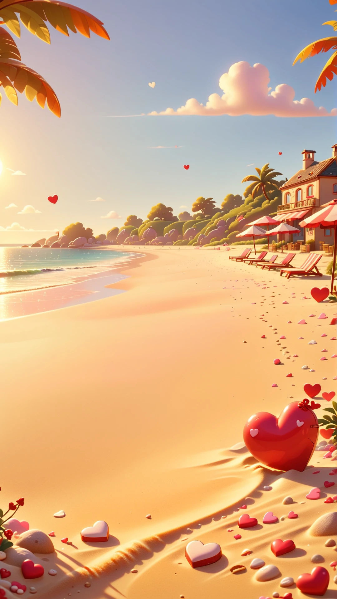 cartoon style,<lora:valentine's day date_XSE_GAME_V1:0.8>,valentine's day date,an empty beach,the warm sunshine,