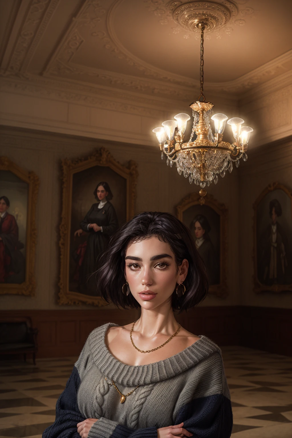 <lora:dua-01:1>a woman du4, Color-Block Sweater, Warm Vintage, Urban Exploration Photography, symmetry, Overhead chandelier light for an elegant and luxurious look (Chandelier Light).