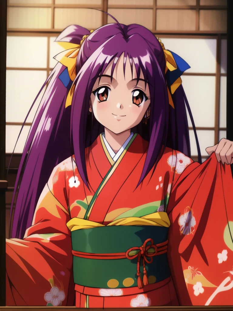 <lora:Kotobuki_Miyuki:0.8>, KotobukiMiyuki, 1girl, solo, japanese clothes, kimono, obi, orange kimono, long sleeves, sash, 1990s (style), smile, hair ribbon, wide sleeves, looking at viewer, ribbon, retro artstyle, standing, furisode,ãJapan_room, tatami,
masterpiece, high quality, very_high_resolution, large_filesize, full color,