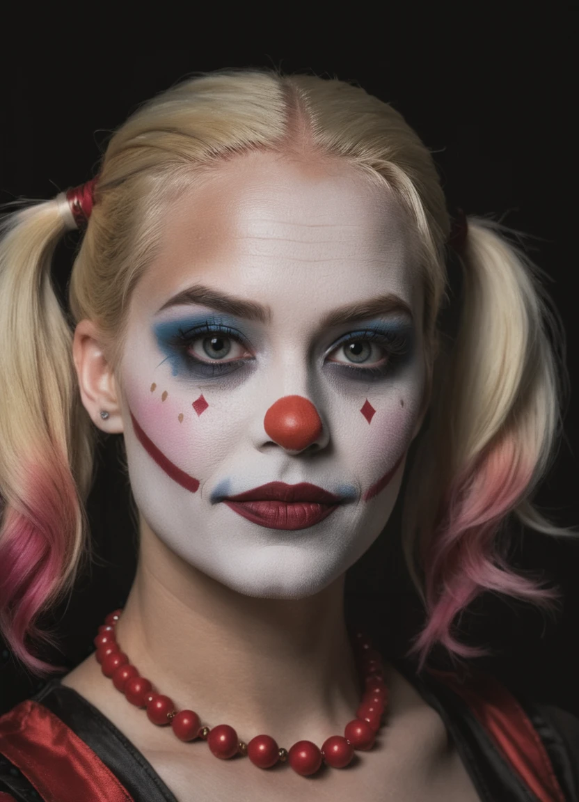 Close-up, (as Harley Quinn, clown makeup), grim smile, relaxed pose, portrait movie shot, serious, menacing, chiaroscuro style photo, dark background, minimalism, dramatic lighting, professional quality, dull highlights and shadows, natural and original
photorealistic, UHD, 32k, photo real, photo realistic, (skin detail), (skin pores),
Photorealistic, realistic, Canon 5D Mark IV 85mm f/1.8, realistic eyes, detailed eyes,