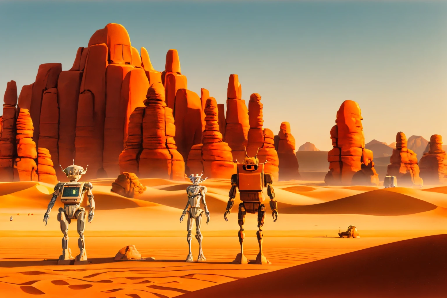 a robot standing in the desert with a robot nearby in the foreground of a mountain range with a robot in the foreground, . rich colors, concept art, retrofuturism<lora:Ralph_Mcquarrie_style:1>